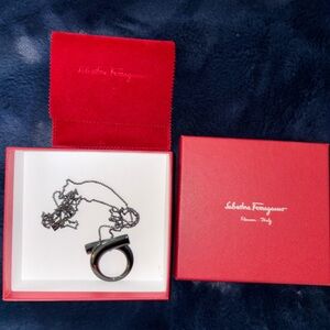 Salvatore Ferragamo Black Gancini Pendant Necklace in Box
